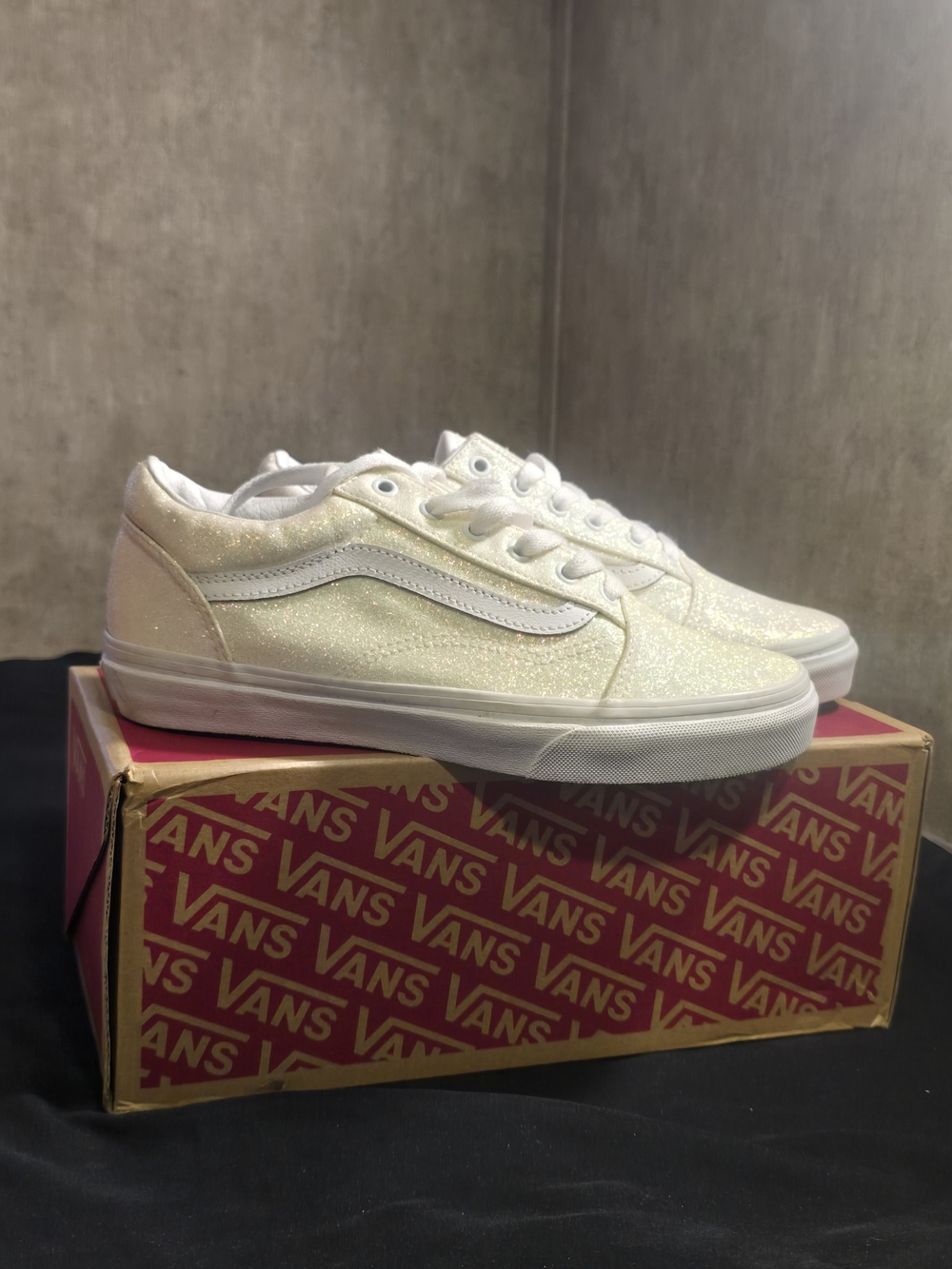 Vans Glitter Old Skool Grade School Sneakers in Pearl White